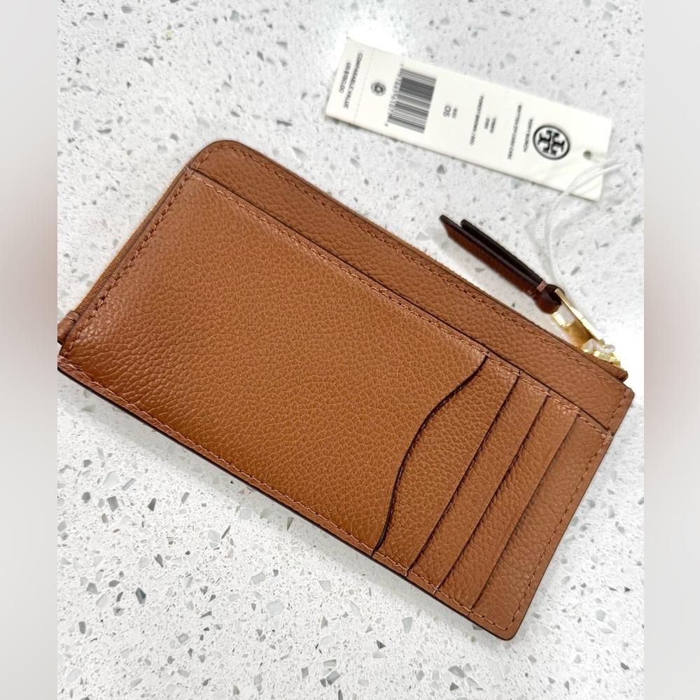Tory Burch Britten Pebbled Leather Zip Card Case Gold Logo NWT brown tan - Picture 2 of 8